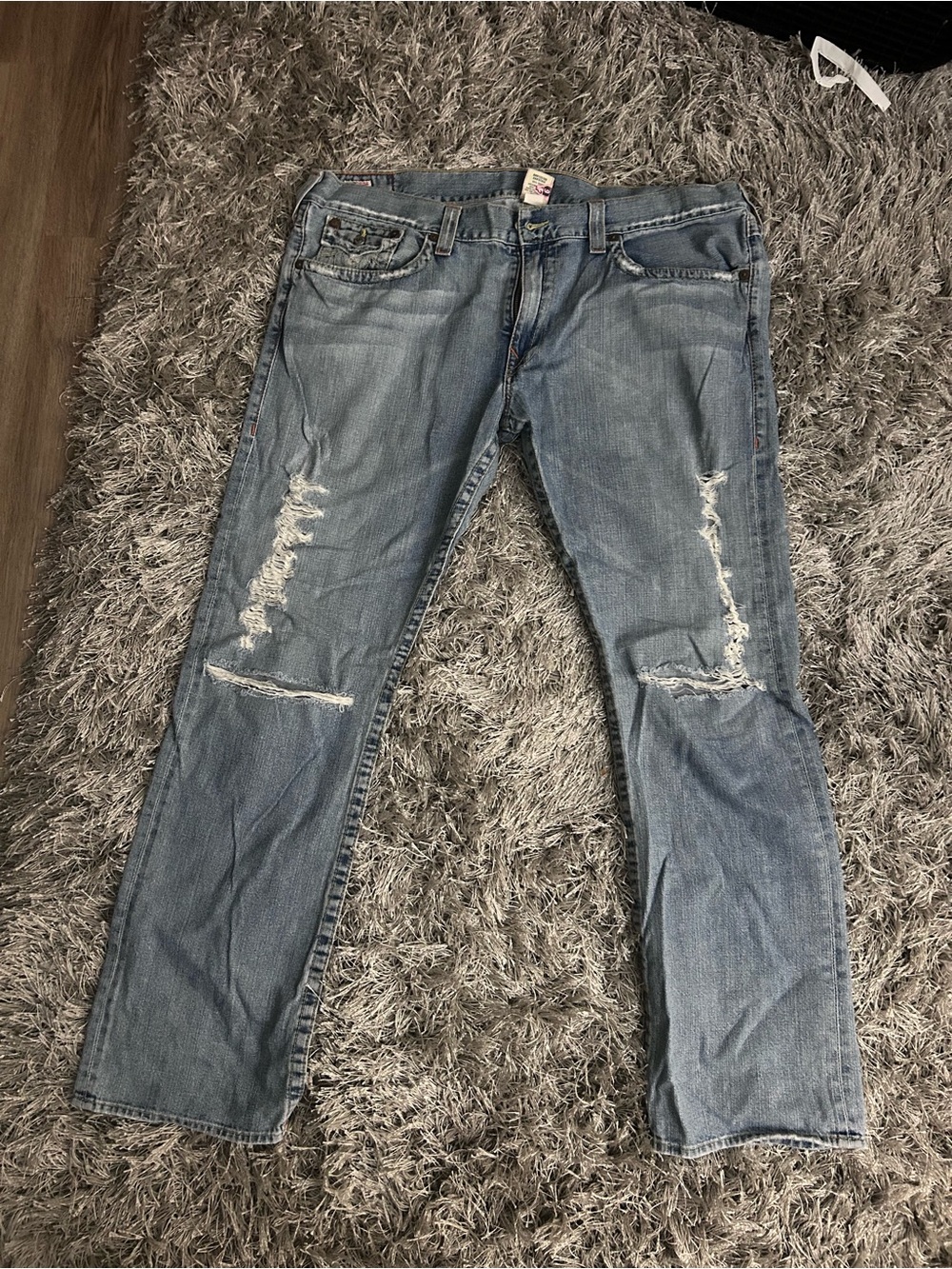 True Religion Light Blue Distressed Straight Leg Jeans